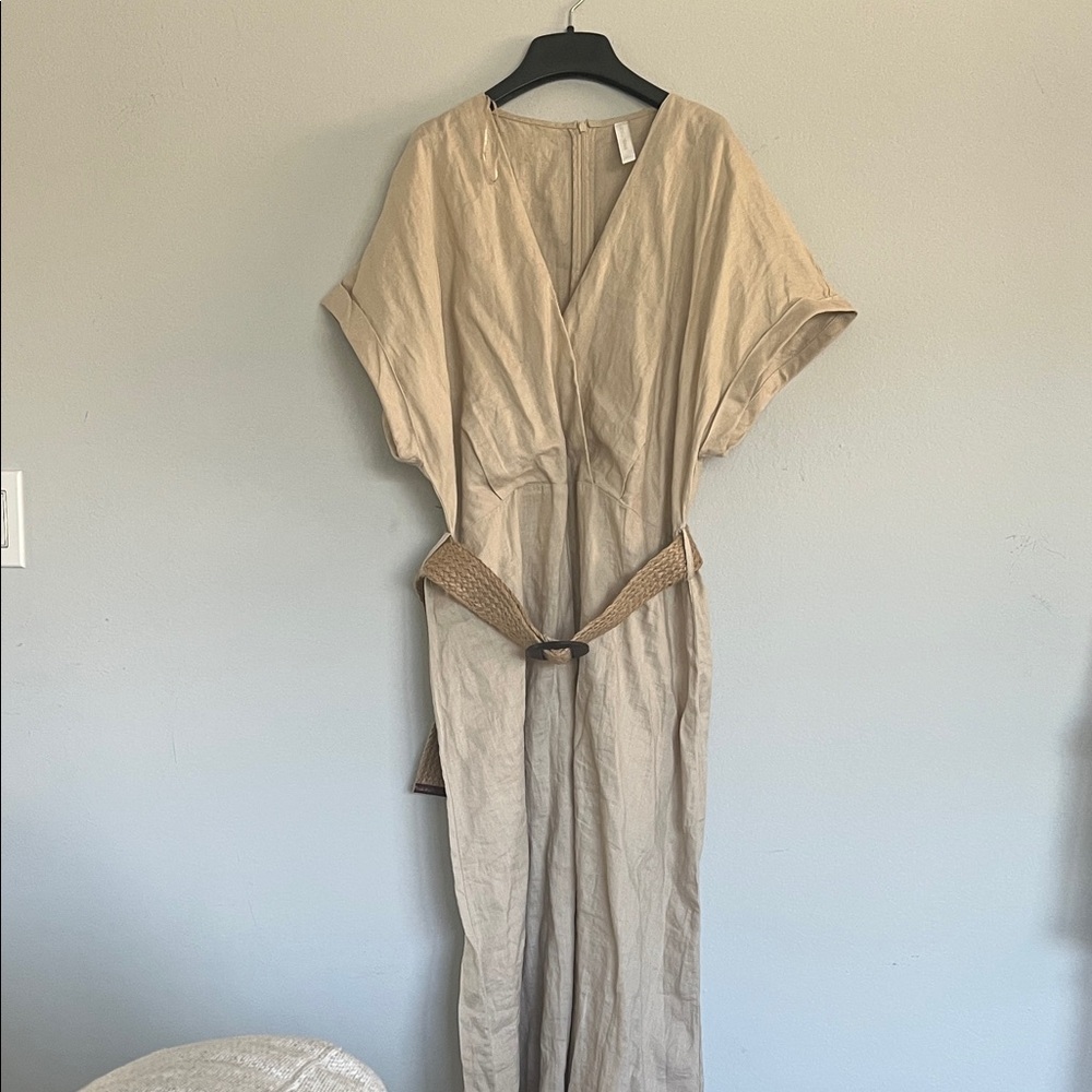 MNG Beige Linen Dress with Woven Belt